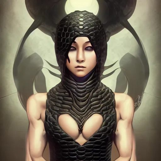 Image similar to snake human hybrid, chest up human lower half snake, black scales, bright amber eyes, chest covered in scales, scales on her chest, formless brests, flat chest, smileing nright, cinematographic shot, artstation, haahn trinh, naga