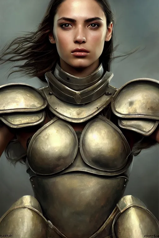 Prompt: a photorealistically painted portrait of an attractive young female, partially clothed in metal-plated battle armor, abstract background, flawless olive skin, fair complexion, long dark hair, beautiful bone structure, perfectly symmetric facial features, perfect photorealistic eyes, natural physique, intricate, elegant, digital painting, concept art, finely detailed, beautifully illustrated, sharp focus, minimal artifacts, from Metal Gear, by Ruan Jia and Mandy Jurgens and Artgerm and William-Adolphe Bouguerea, in the style of Greg Rutkowski, trending on Artstation, award winning art