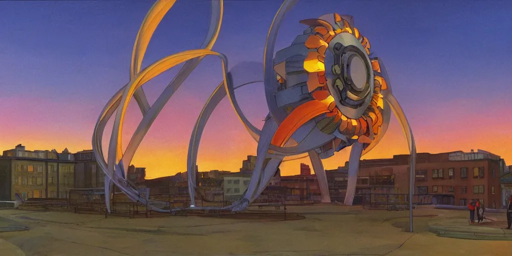 Image similar to fusion reactor helix, wonderous and magical, in an urban setting, sunset, by Studio Ghibli and Edward Hopper