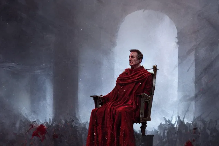 Image similar to the end is near. a tired julius caesar is sitting on his throne. face is highly detailed. splices of red are running down his toga. mist. color scheme red. low angle medium shot. imagined by greg rutkowski and craig mullins
