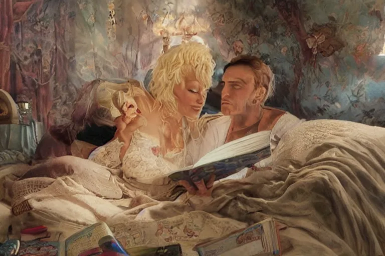 Image similar to portrait of dolly parton reading a bedtime story to jim carrey in bed, an oil painting by ross tran and thomas kincade