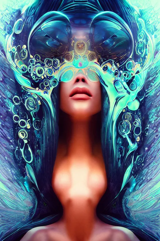 Image similar to a centered profile render of an alluring futuristic goddess with digital modifications surrounded by a underwater ink pour and flowing liquid gallium and complex sacred geometry, perfect body and face, powerful, cinematic, beautifully lit, by artgerm, by karol bak, 3 d, trending on artstation, octane render, 8 k