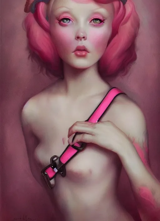 Image similar to pop surrealism, lowbrow art, realistic seductive woman painting, pink body harness, hyper realism, muted colours, rococo, natalie shau, loreta lux, tom bagshaw, mark ryden, trevor brown style,