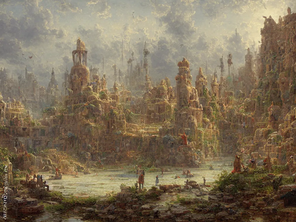 Image similar to detailed painting of a multiverse gateway in ancient mesopotamia in the middle of a sulphur lake, filigree ornaments, andreas achenbach, simon stalenhag