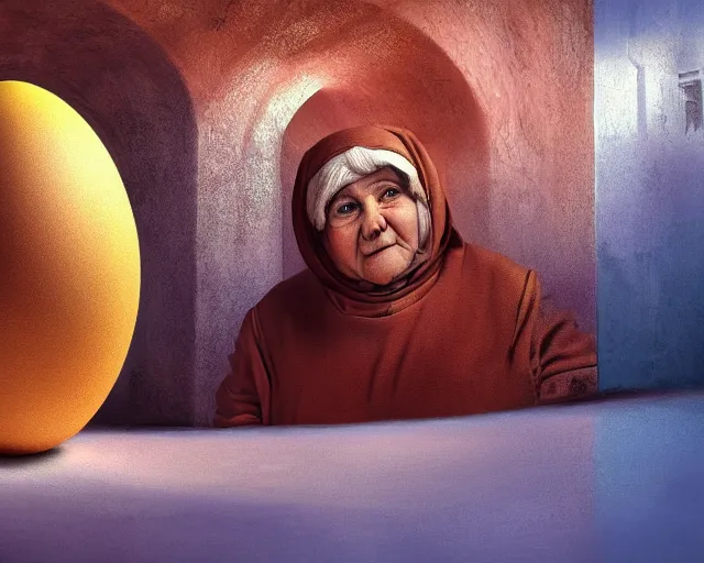 Image similar to םכ a very beautiful scene. processing block environment. a sweet fat old woman peeking from a huge, colorful and beautiful egg. hyper realistic. 4 k. wide angle. in the baroque style. wild. symmetrical face, red mouth, blue eyes. deep focus, lovely scene. processing block environment. concept art. unreal engine.