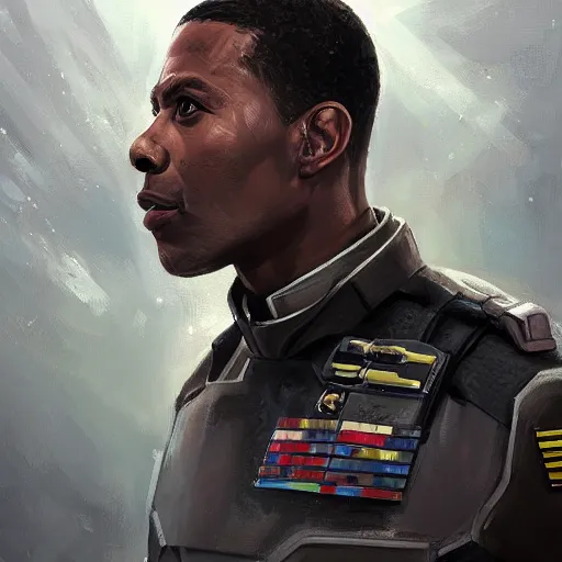Prompt: portrait of a man by Greg Rutkowski, the grand admiral of the galactic alliance, a black man in his 20s, short hair, impeccable military composure, wearing the tactical gear of the galactic alliance, Star Wars Expanded Universe, highly detailed portrait, digital painting, artstation, concept art, smooth, sharp foccus ilustration, Artstation HQ