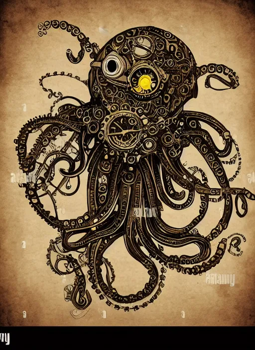 Prompt: steampunk clockwork robotic octopus, hand drawn illustration, old - fashioned poster style, highly detailed vector art