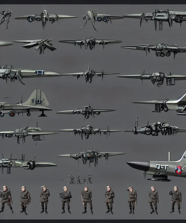 Prompt: 2 d shooter game concept art sprite sheet!!!, 1 9 4 2 wwii combat plane outer space concept art, hyperrealism, fine detail, 8 k, 3 d render, artgerm, artstation contest winner, cgsociety, cryengine, zbrush, vray, no background