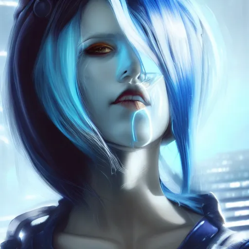 Image similar to a close up of a woman with blue hair, cyberpunk art by Artgerm, featured on cgsociety, fantasy art, deviantart, 2d game art, deviantart hd