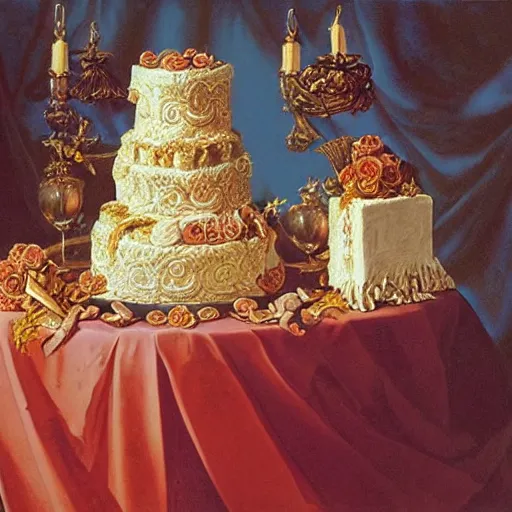 Prompt: baroque rococo fancy painting The Pretty Cake Greg Hildebrandt high detail fancy cake