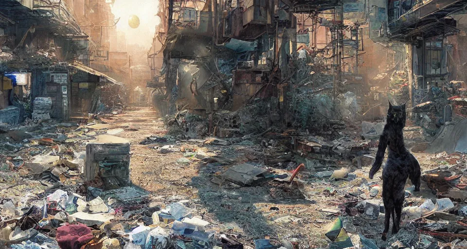 Image similar to craig mullins and ghibli digital art of in a sunset alley, this half - human, half - cat monster stares at you, hiding its body in the shadow of a pile of debris. american city, street, 1 9 2 0 unreal engine, hyper realism, realistic shading, cinematic composition, realistic render, octane render, detailed textures, photorealistic, wide shot