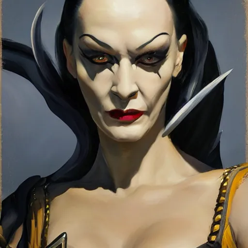 Image similar to greg manchess portrait painting of armored morticia from addams family as overwatch character, medium shot, asymmetrical, profile picture, organic painting, sunny day, matte painting, bold shapes, hard edges, street art, trending on artstation, by huang guangjian and gil elvgren and greg rutkowski