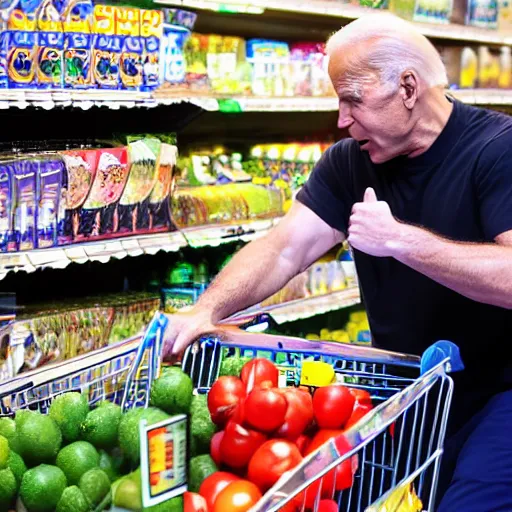 Image similar to Joe Biden punching a fat man at the supermarket, 8K, high quality, highly detailed