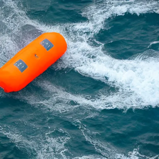 Image similar to an orange life raft drifts in a calm ocean, dramatic contrasting light, 135mm