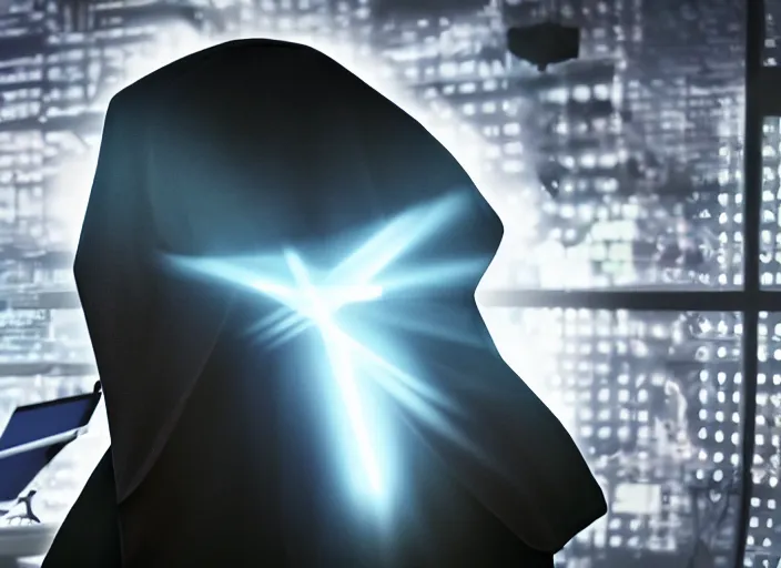 Image similar to over the shoulder shot of a dark robed illuminati cultist using a computer in a evil laboratory, cinematic lighting, volumetric, award winning, digital art