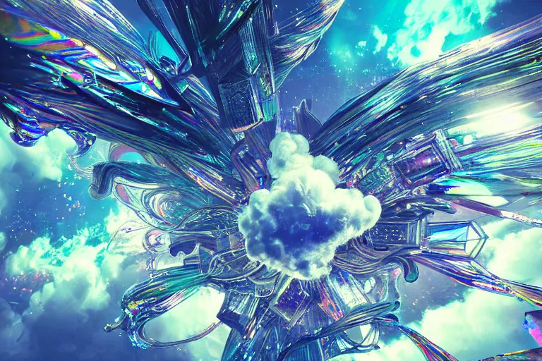 Image similar to simplicity, a huge flock of many ornate iridescent puffy filigreed clouds tangled into large whirling ultra detailed crystal specimens, cyberpunk environment, playful, award winning art, epic dreamlike fantasy landscape, ultra realistic,