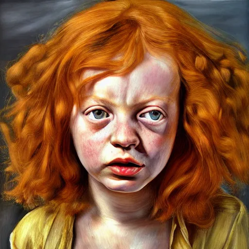 Image similar to high quality high detail painting by lucian freud, hd, ginger girl, angry, photorealistic lighting