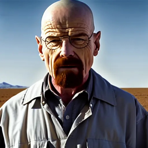 Image similar to breaking bad still frame of walter white in shock with his mouth opened, desert background, breaking bad