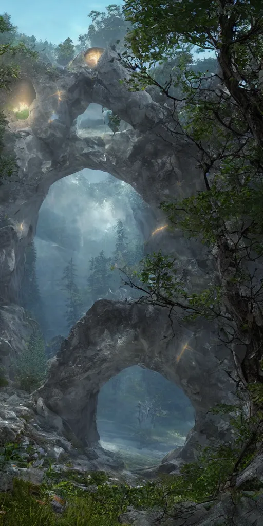 Image similar to a celestial portal in the middle of the mountains to another world, foliage, realistic, unreal engine,