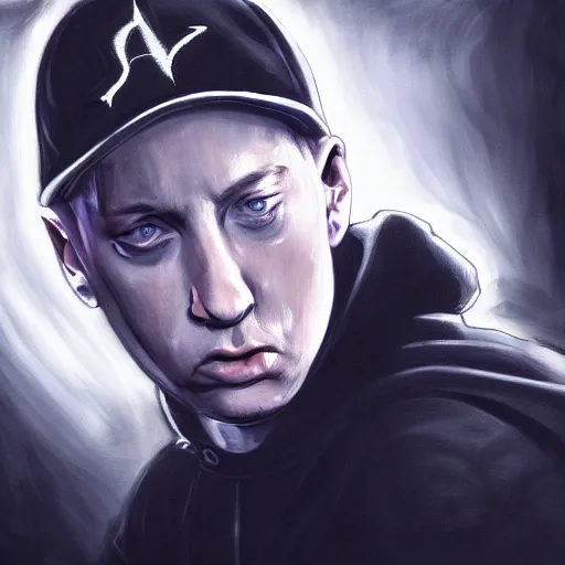 Prompt: Eminem rapping about how he believes in ghosts, expressive beautiful painting, award winning, pixiv, trending on artstation, deviantart, artstation, skyrim, high quality, key visual, sharp, backlit, gorgeous lighting