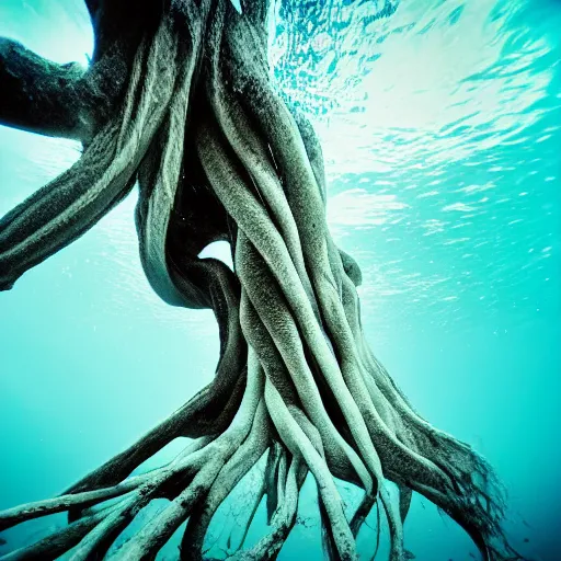 Image similar to roots underwater, award winning cyan and white photography, high contrast, high definition