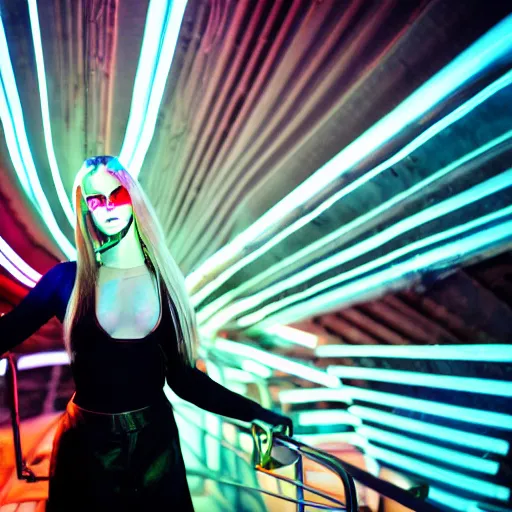 Image similar to a portrait of a female cyborg, fashion, streak lights, ligjt trail, color gel, photogtaphy, canon r 5, wide angle