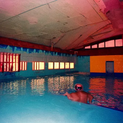 Image similar to an eerie photo of an abandoned indoor water park from the 1 9 9 0 s at night, disposable film