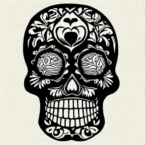 Image similar to “ sugar skull woodcut by mc escher and hp lovecraft ”