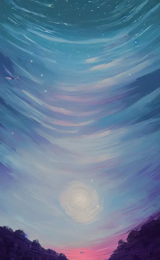 Image similar to a beautiful illustration of the shire at night, art of alena aenami, featured on artstation, vertical orientation, paint brush strokes, expressionism, brushstroke - laden, breathtaking clouds, birds, ocean, beautiful stars, long exposure, big moon radius, airy midnight theme, blue purple gradient, lens flare