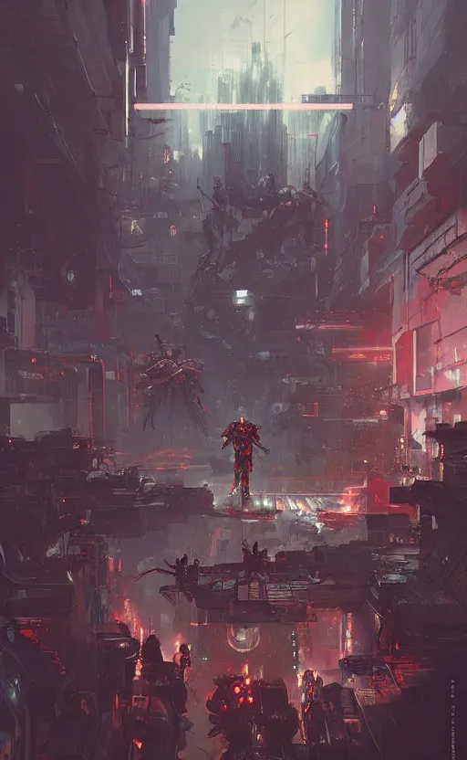 Image similar to cyberpunk samurai, crowd, cyber mech, machenic, arcane, by fortiche, by greg rutkowski, esuthio, craig mullins, wlop