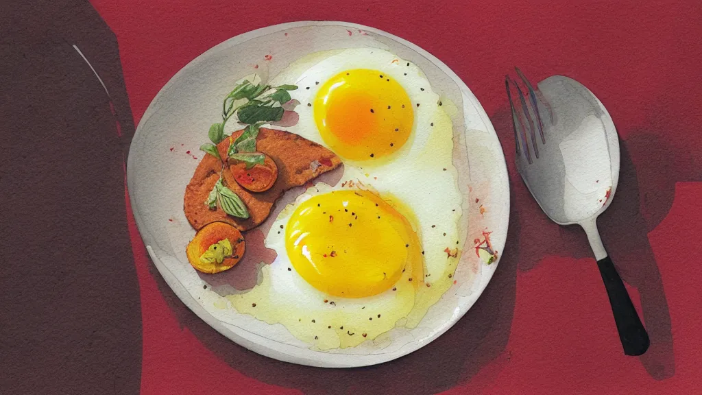 Prompt: fried egg, soft yolk, only the plate, kseniia yeromenko, rob duenas, watercolor, illustration, red background, highly detailed