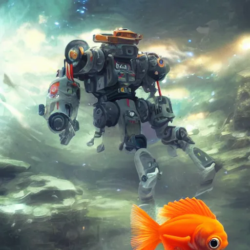 Prompt: a goldfish piloting a mech suit