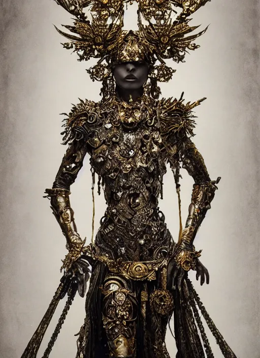 Prompt: a portrait of female model by stefan geselle and nekro borja, photorealistic, intricate details, hyper realistic, fantasy, elegant, ornate metal gold headpiece, photorealistic, canon r 3, photography, wide shot, symmetrical features, wide angle shot, head to toe, standing pose, feet on the ground, studio background