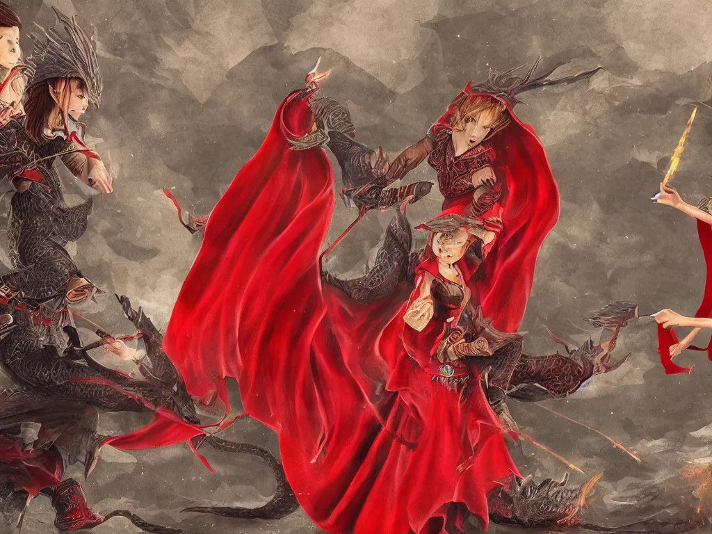 Image similar to a realistic asian fantasy illustration of a female elf mage in a scale mail and a red cape casting a fire spell in a shape of a dragon