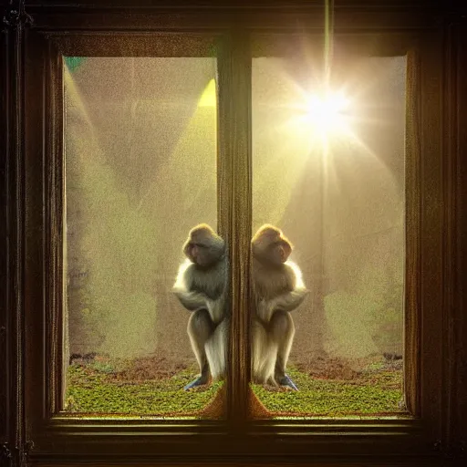 Image similar to two macaques looking at each other inside victorian mansion, digital art, soft shadows, creepy art, sun flare