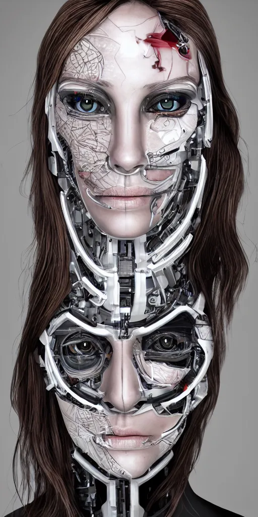 Prompt: white girl cyborg, symmetrical face, face enhancement, full shot, highly detailed, epic composition