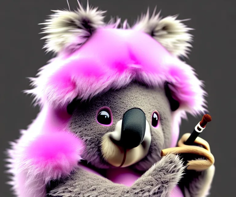 Image similar to high quality 3 d render hyperrealistic very cute small koala smoking weed, plush mascot, short spiky dense fluffy smooth hair, photo from the side, pink fluffy fur, 1 5 0 mm, beautiful natural soft light, rim light, vray, smooth background, artstation, ultra detailed
