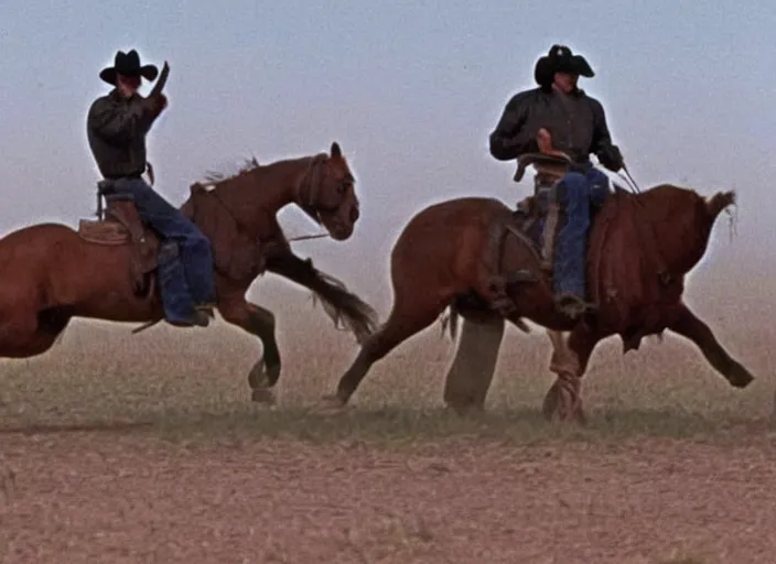 Image similar to a cowboy horse chase vigilantes with face masks disguise, shoot out, exploding horse wide shot, from the hit 1 9 9 0 s tv show on tnt