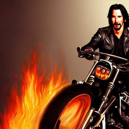 Prompt: handsome Keanu Reeves wearing a leather jacket on fire next to a flaming harley davidson, western, D&D, fantasy, intricate, elegant, highly detailed, digital painting, artstation, concept art, matte, sharp focus, illustration, art by Artgerm and Greg Rutkowski and Alphonse Mucha