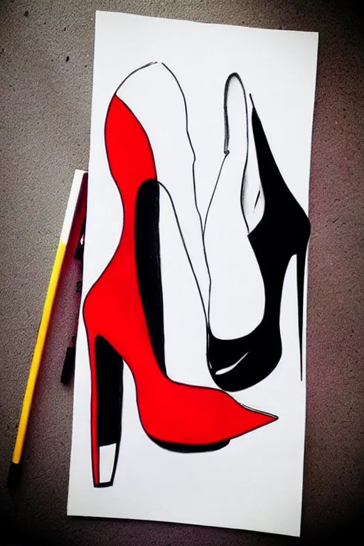 Image similar to black high heels with red bottoms, illustration, graphic design, high fashion, elegant, color pencil drawing, pop art style,