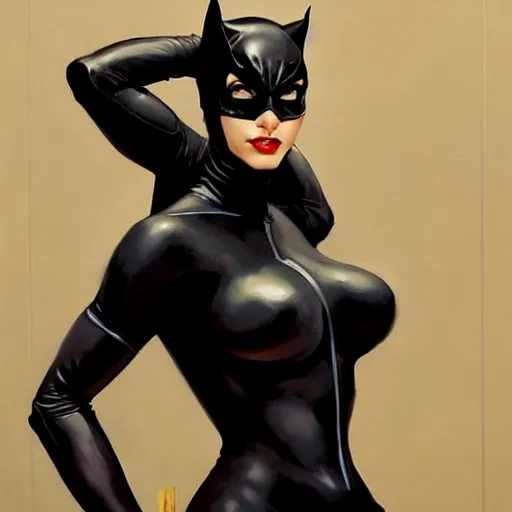 Image similar to Greg Manchess portrait painting of Catwoman as Overwatch character, medium shot, asymmetrical, profile picture, Organic Painting, sunny day, Matte Painting, bold shapes, hard edges, street art, trending on artstation, by Huang Guangjian and Gil Elvgren and Sachin Teng