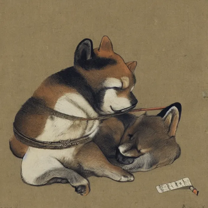 Image similar to a shiba-inu-samurai waking up from a nap, artwork on loan from the historical dog society of japan