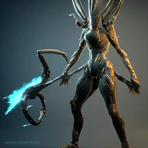 Image similar to photograph of female Valkyr warframe holding a kuva zarr, 8k resolution, high detail, ULTRA REALISTIC VFX, reflections