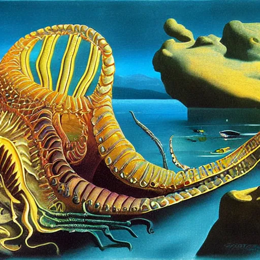 Image similar to Cambrian sea creatures painting by Salvador Dali