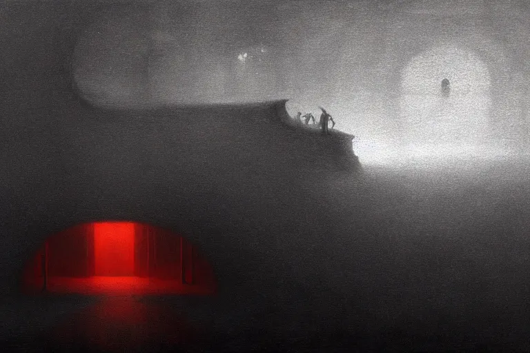 Image similar to hide and seek in a wonderland, in the style of beksinski, futuristic dystopia, intricate and epic composition, dark gray by caravaggio, insanely quality, highly detailed, masterpiece, white light, red atmosphere, muddy tones, artstation, 4 k