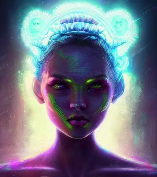 Image similar to beautiful intricate exquisite alien princess realistic face, beautiful eyes, neon colors, drawing, in the style of greg rutkowski, fantasy, amazing detail, epic, intricate, elegant, smooth, sharp focus