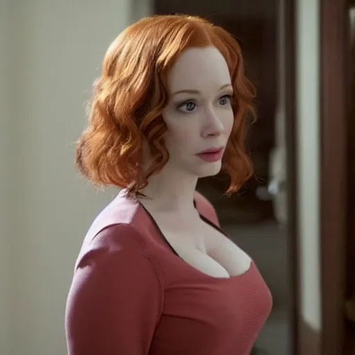 Image similar to a very surprised looking beautiful Christina Hendricks r in the living room, film still from the movie directed by Denis Villeneuve , wide lens