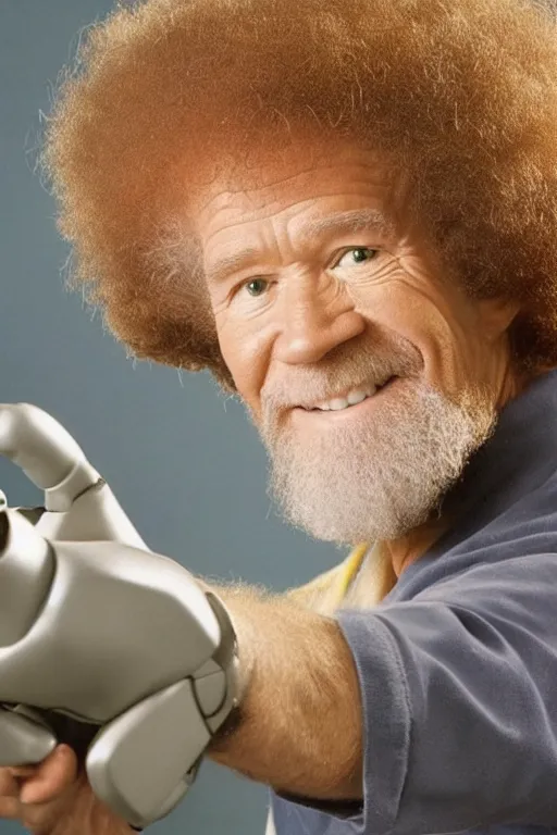 Prompt: Bob Ross ready to fight against the Artificial Intelligence