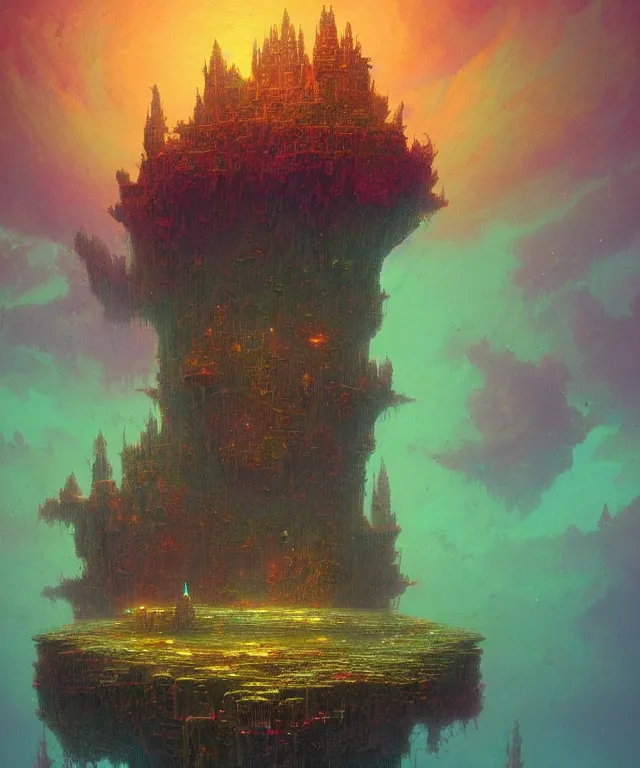 Prompt: an ultra detailed concept digital art painting of a singular floating island castle, levitating across space in a misty pearlescent nebula by paul lehr kazumasa uchio situated in a starry expanse of bioluminescent cosmic worlds by beksinski and beeple, flying citadel with towers, trending on artstation