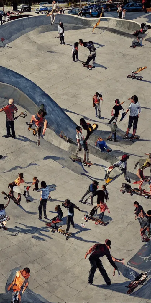 Image similar to oil painting scene skatepark with skaters and ramp by kim jung gi